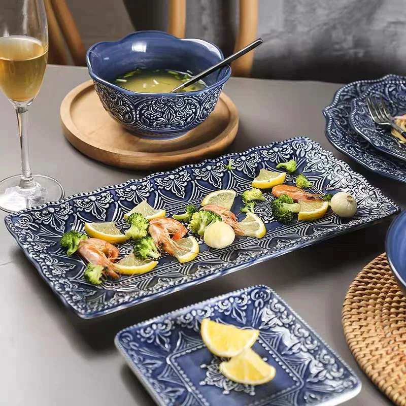 Blue Retro Relief Ceramic Tableware Dishes Set Porcelain Western Dinner Plates Dinnerware Steak Dish Dessert Noodle Bowl Cup - Image 5