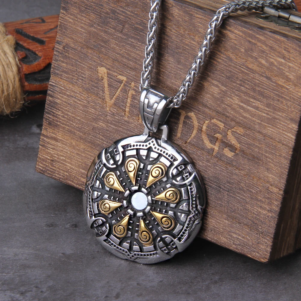 Stainless Steel Vegvisir Viking Rune Necklace Gold Color Scandinavian Norse Men Gift