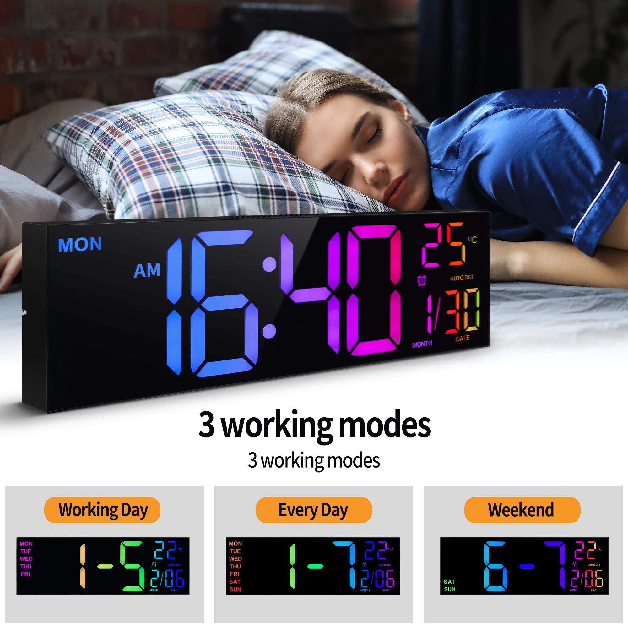 16" Large Digital Wall Clock, Big LED Display with Remote, 8 RGB Color, Alarm, DST, Temperature for Living Room, Kitchen - Image 5