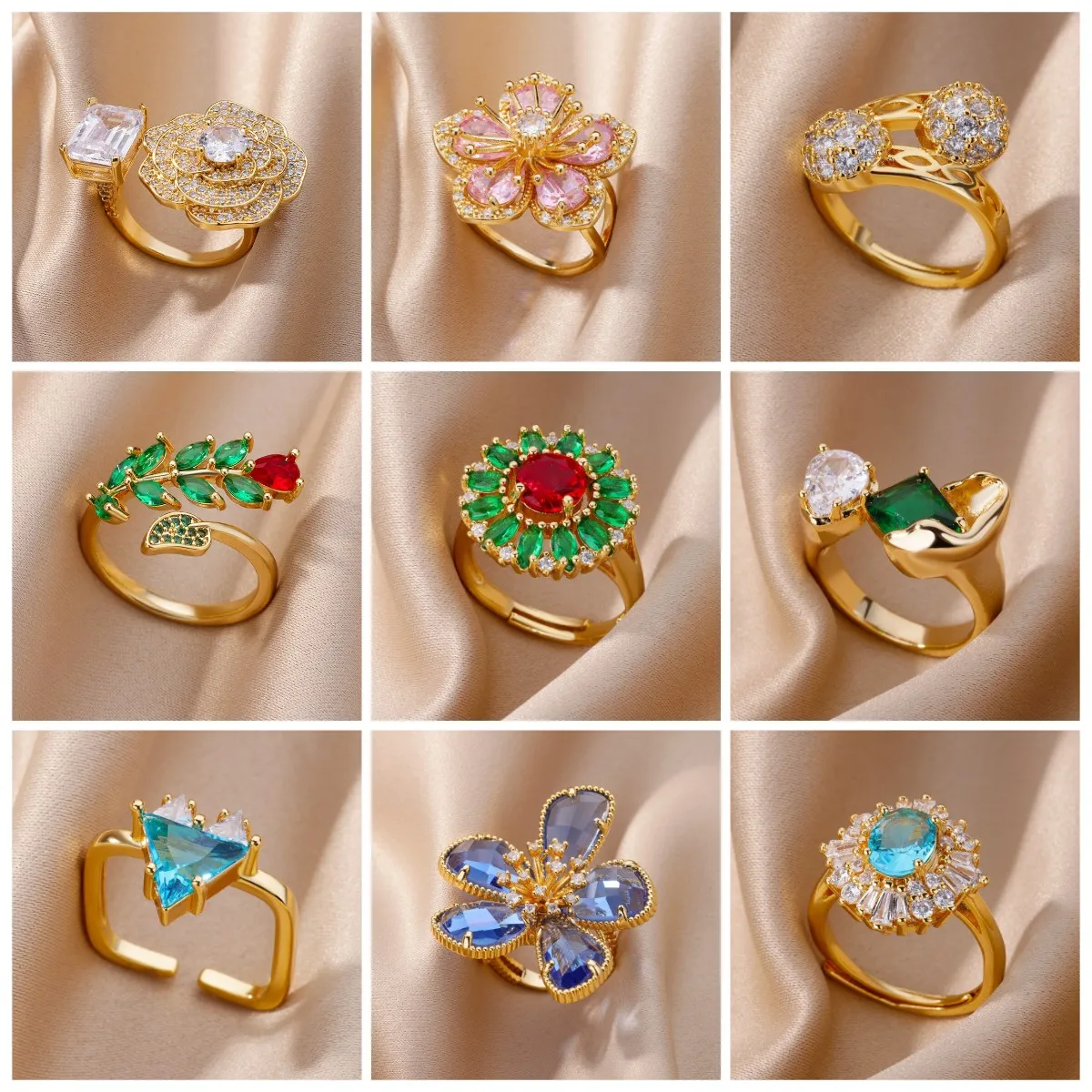 Stainless Steel Blue Zircon Adjustable Flower Ring for Women Wedding Jewelry Gift