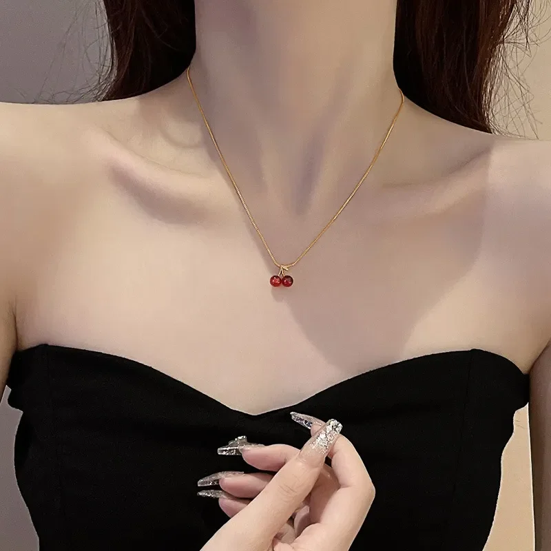 Wine Red Cherry Pendant Necklace – Golden Chain Jewelry Gift for Women - Image 3