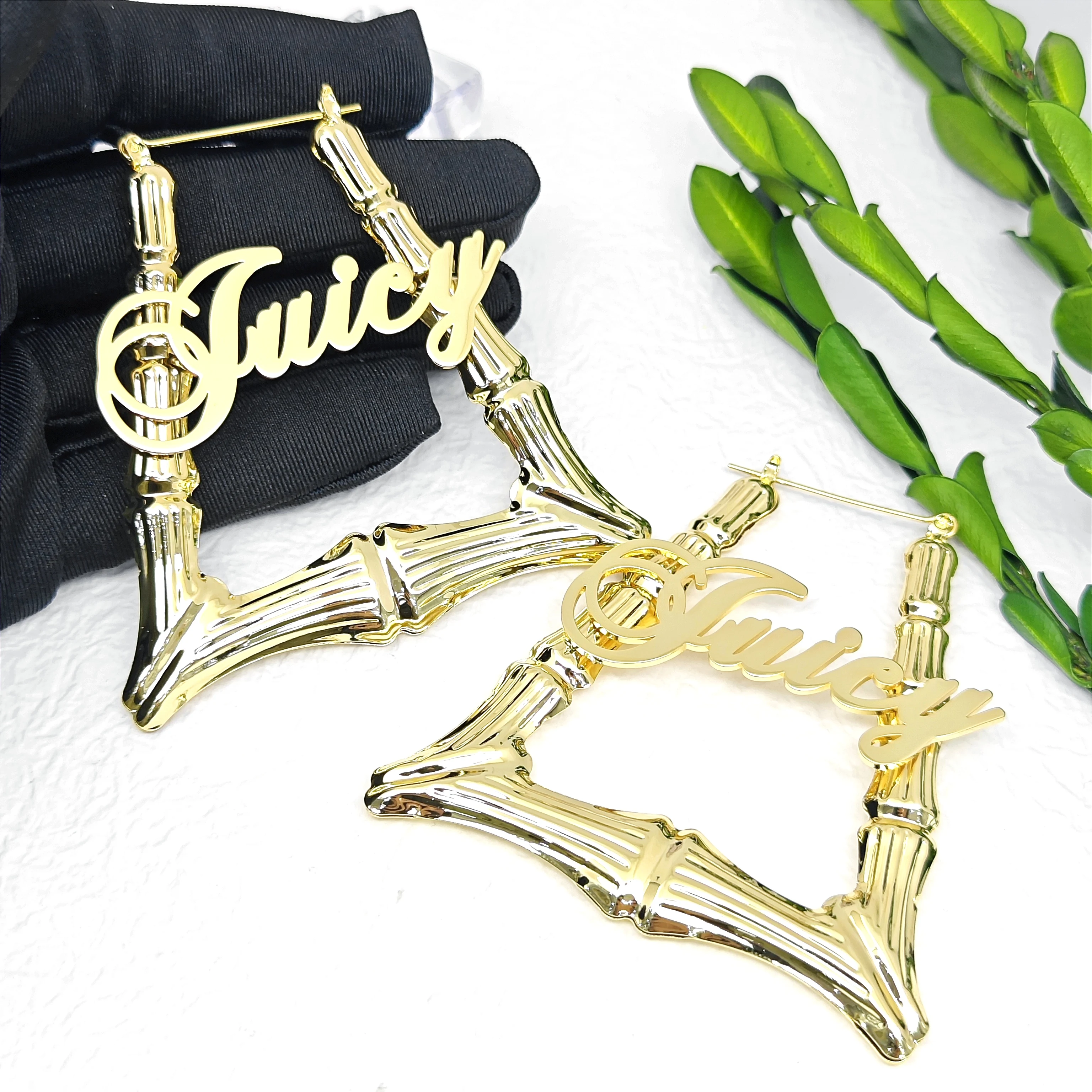 Lateefah DIY Custom Letter Stainless Steel Ladder Trapezoidal Bamboo Hoop Earrings - Image 4