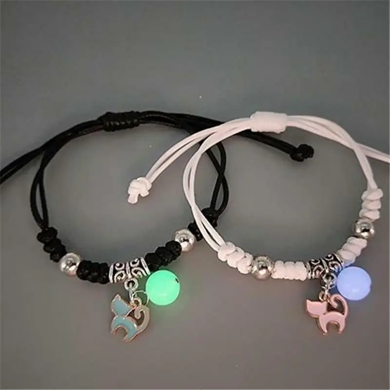 2PC Fashion Luminous Beads Star Couple Bracelets Women Men Charm Cat Flower Heart Moon Jewelry - Image 3