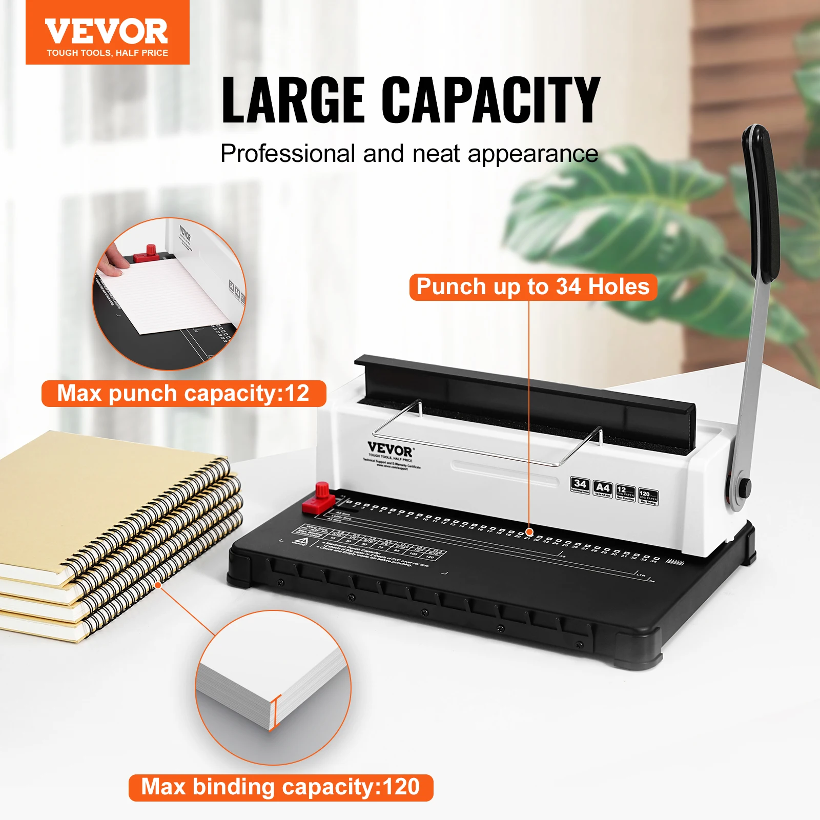 VEVOR Coil Spiral Binding Machine Manual Book Maker 34-Holes Binding 120 Sheets Punch Binder Adjustable Coil Binding Spines - Image 2