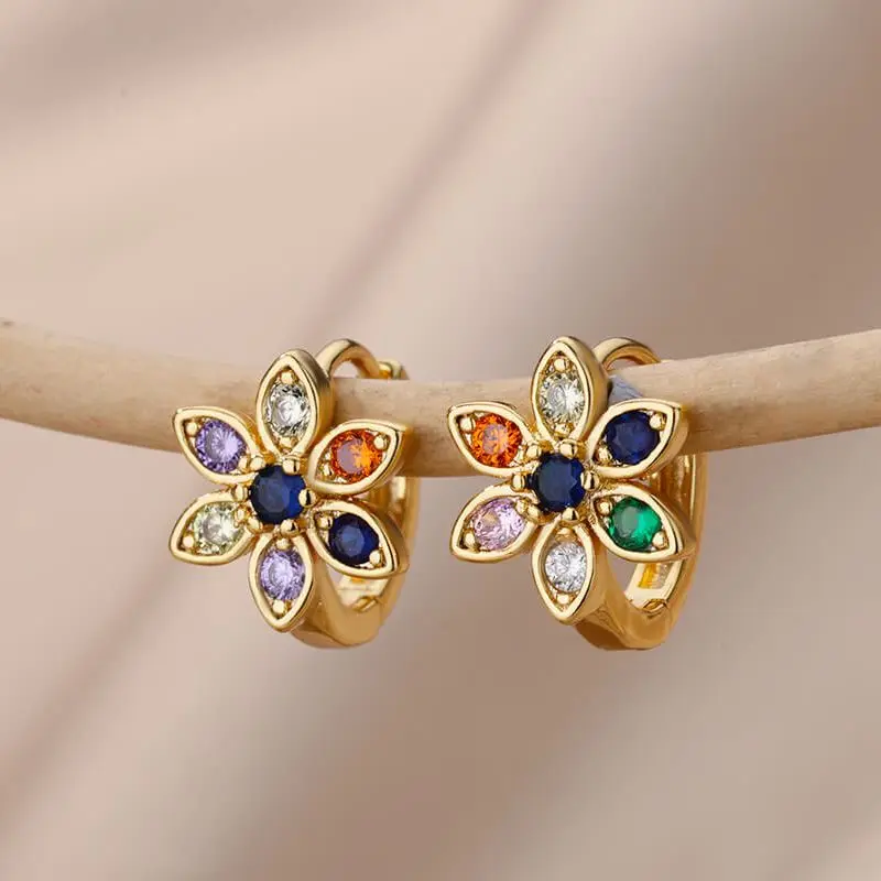 2024 Trending Zircon Colored Flower Hoop Earrings Stainless Steel Luxury Jewelry for Women - Image 2