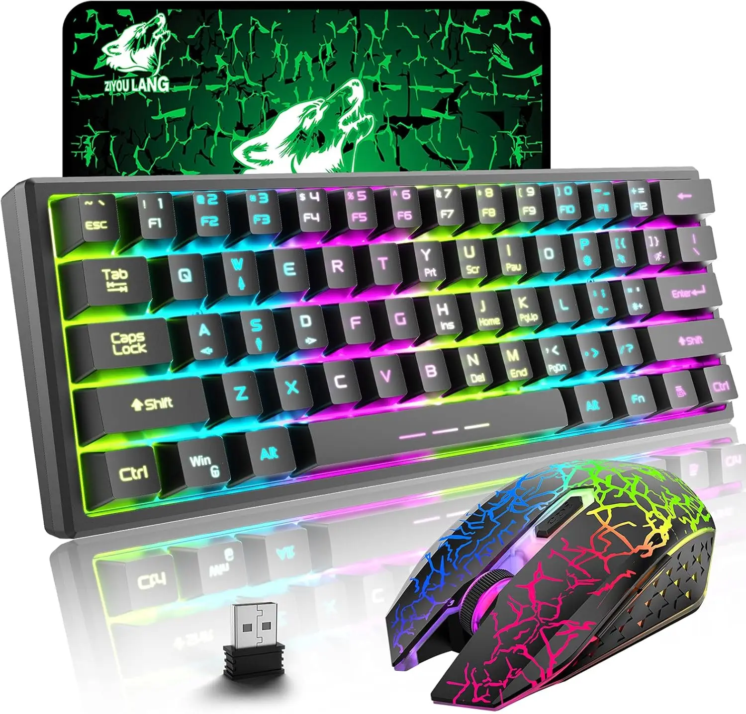 T61 Wireless Gaming Keyboard and Mouse Combo, Ergonomic 61 Key Rainbow LED Backlight Rechargeable 4000mAh Battery Mouse Pad - Image 7