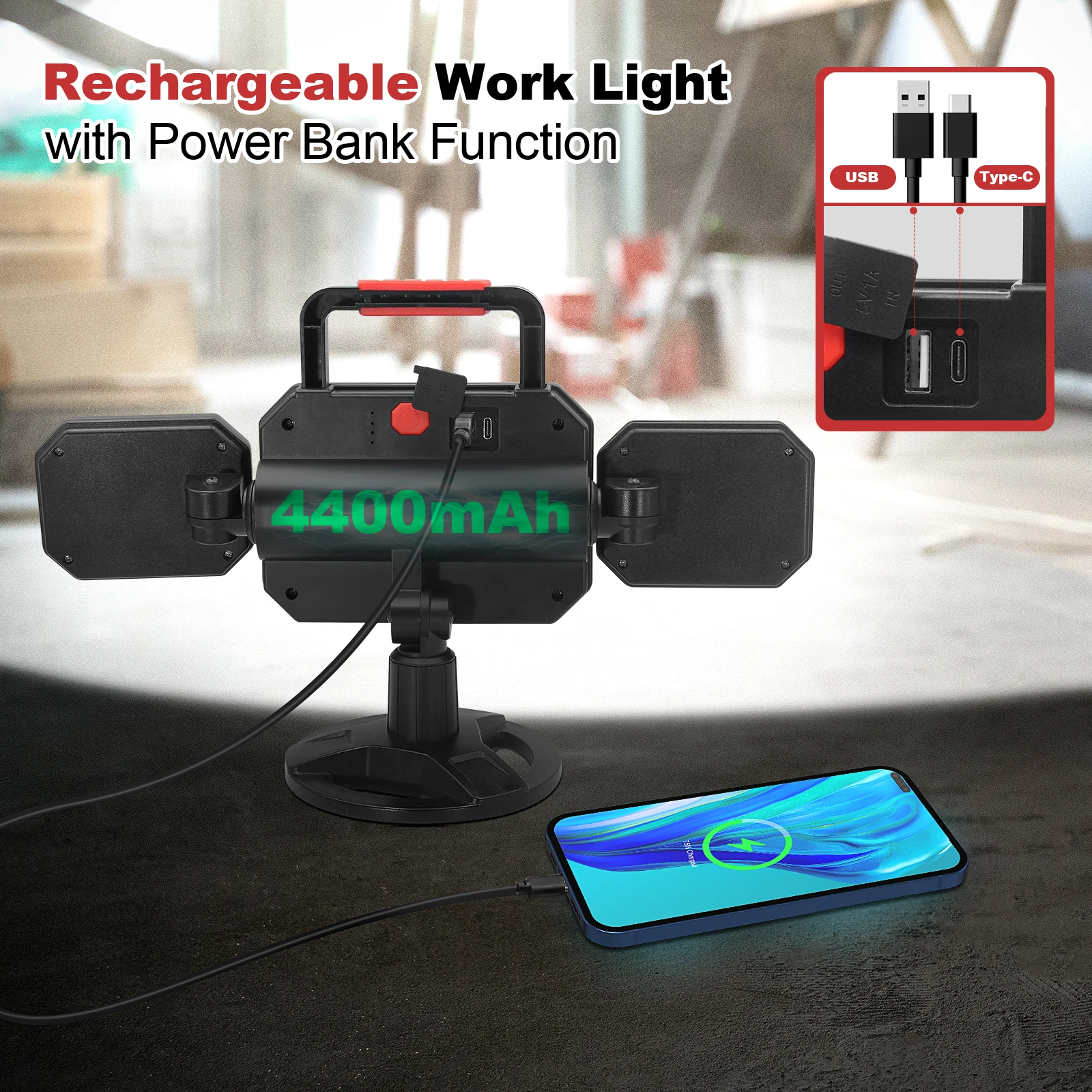 25W Rechargeable Work Light – 2700LM Magnetic LED Job Site Lamp - Image 5