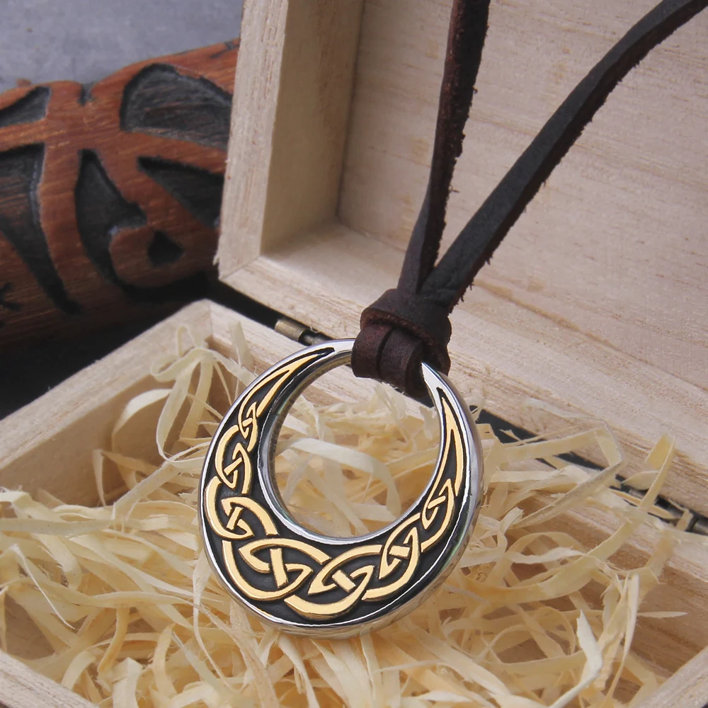 Never Fade Celtic Knot Round Pendant Necklace Adjustable Leather Cord Viking Wooden Box Gift - Image 3