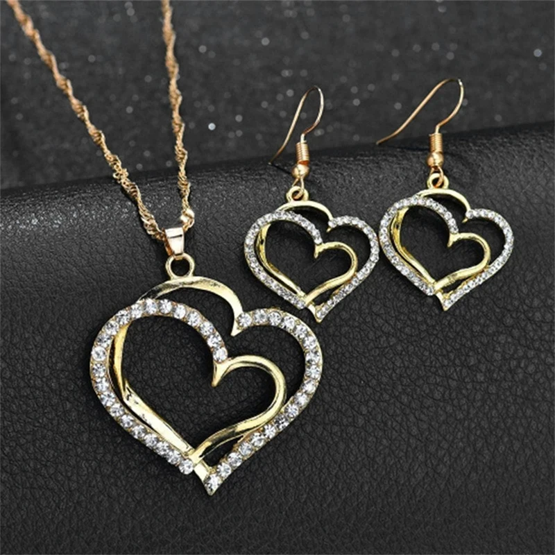 3pcs Heart-Shaped Jewelry Set Earrings Pendant Necklace Women Rhinestone Fashion Jewelry - Image 4
