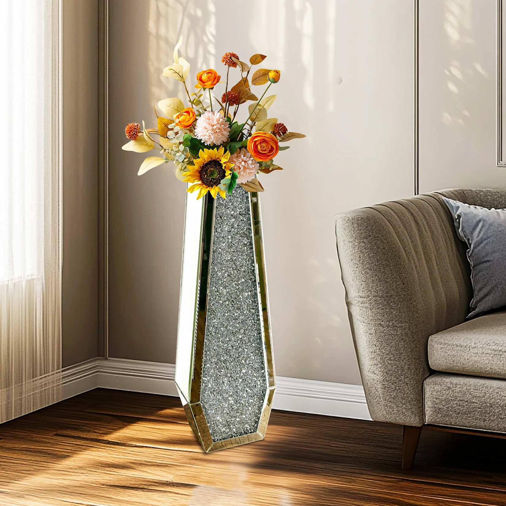 2 Shapes 68CM Crushed Diamond Decorative Mirrored Floor Vase Crystal Silver Glass Flower Vase for Pampas Grass Artificial Flower - Image 7