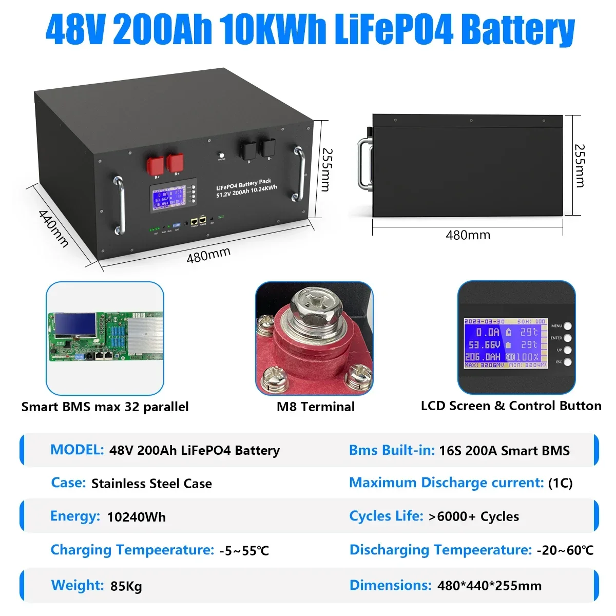 LiFePO4 48V 300AH 15KWH Battery 51.2V 100AH 200AH Lithium Solar Battery 6000+ Cycles With 16S 200A BMS For Inverter EU Stock - Image 10