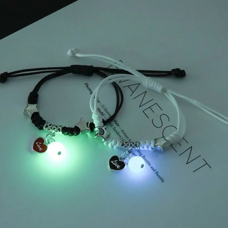 2PC Fashion Luminous Beads Star Couple Bracelets Women Men Charm Cat Flower Heart Moon Jewelry - Image 2