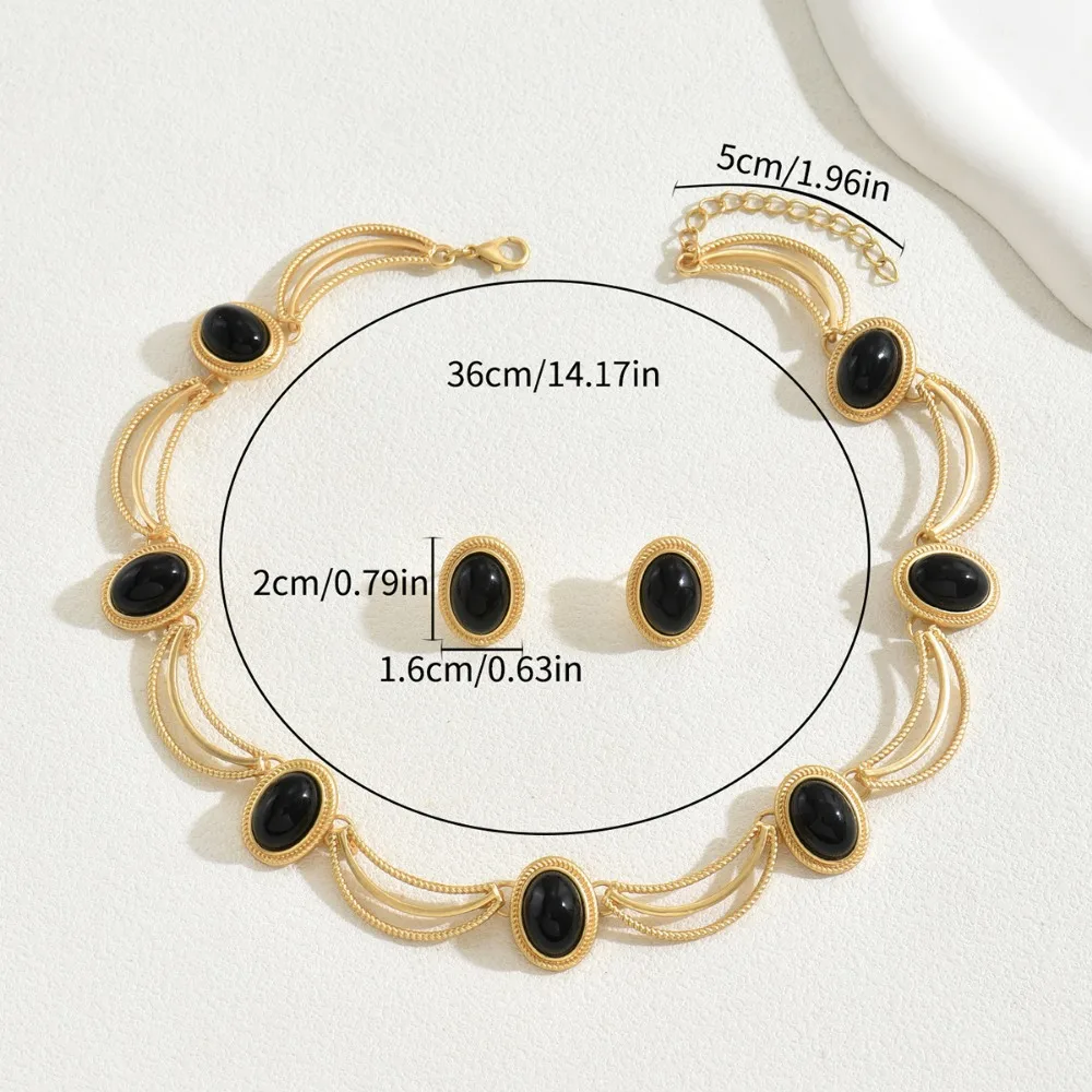Elegant Gold and Black Oval Gemstone Choker Necklace and Earrings Set - Image 3