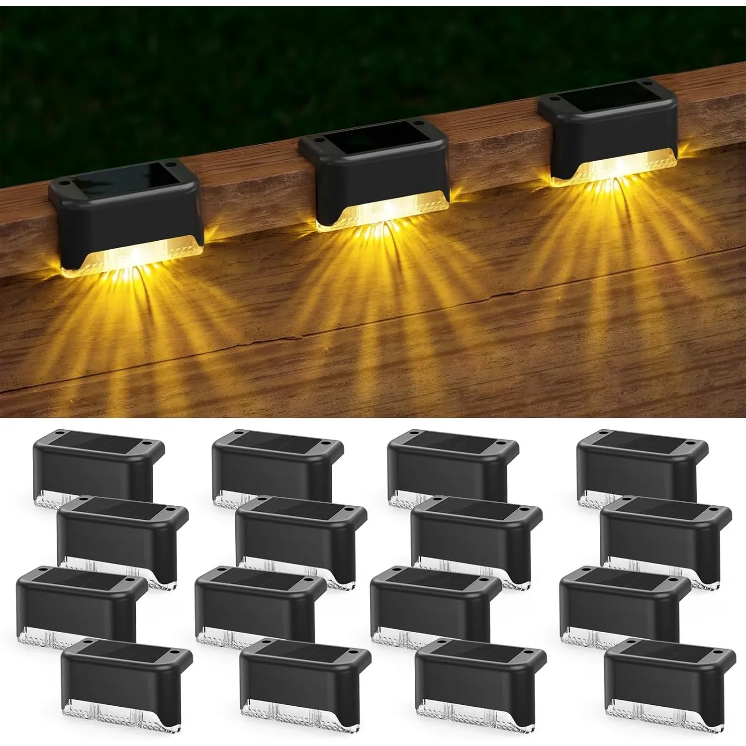 16-Pack Solar Deck Lights – Warm White LED for Stairs, Fence, Patio & Pathways