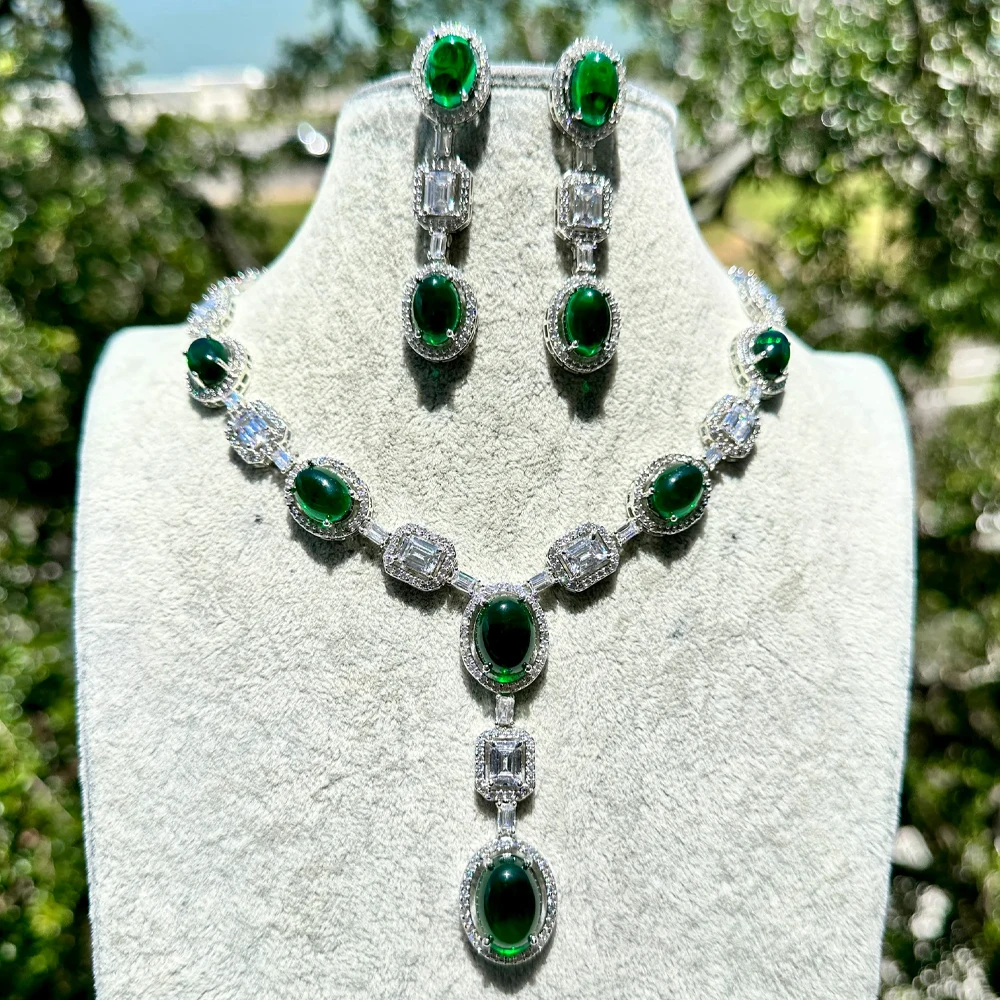 Luxury Green Crystal Bridal Jewelry Set – Zircon Necklace & Earrings - Image 4