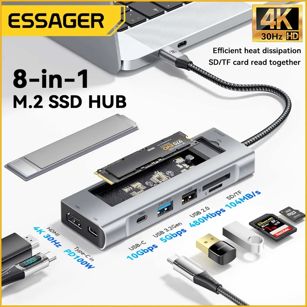 Essager 8-in-1 USB Hub With Disk Storage Function USB Type-c to HDMI-Compatible Laptop Dock Station For Macbook Pro Air M1 M2 - Image 2