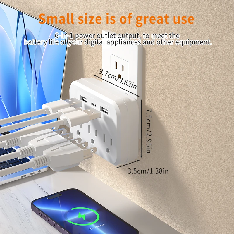 6‑in‑1 Power Strip Cube – 3 AC Outlets, 2 USB‑A & 1 USB‑C with Switch - Image 4