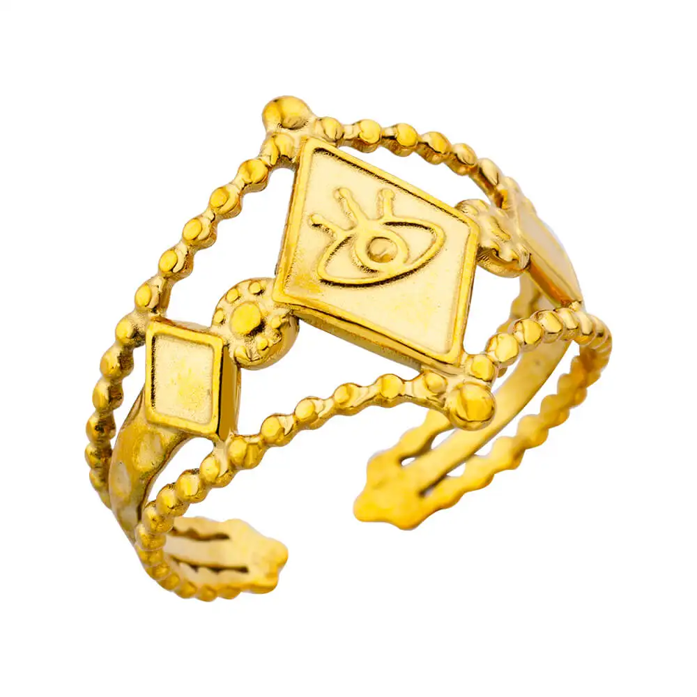Stainless Steel Gold Vintage Evil Eye Hollow Adjustable Ring for Women - Image 30