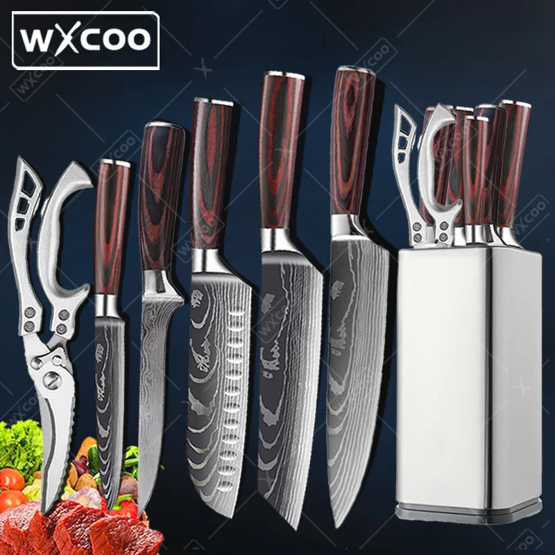 7-Piece Damascus Steel Chef Knife Set with Cleaver, Scissors & Stand