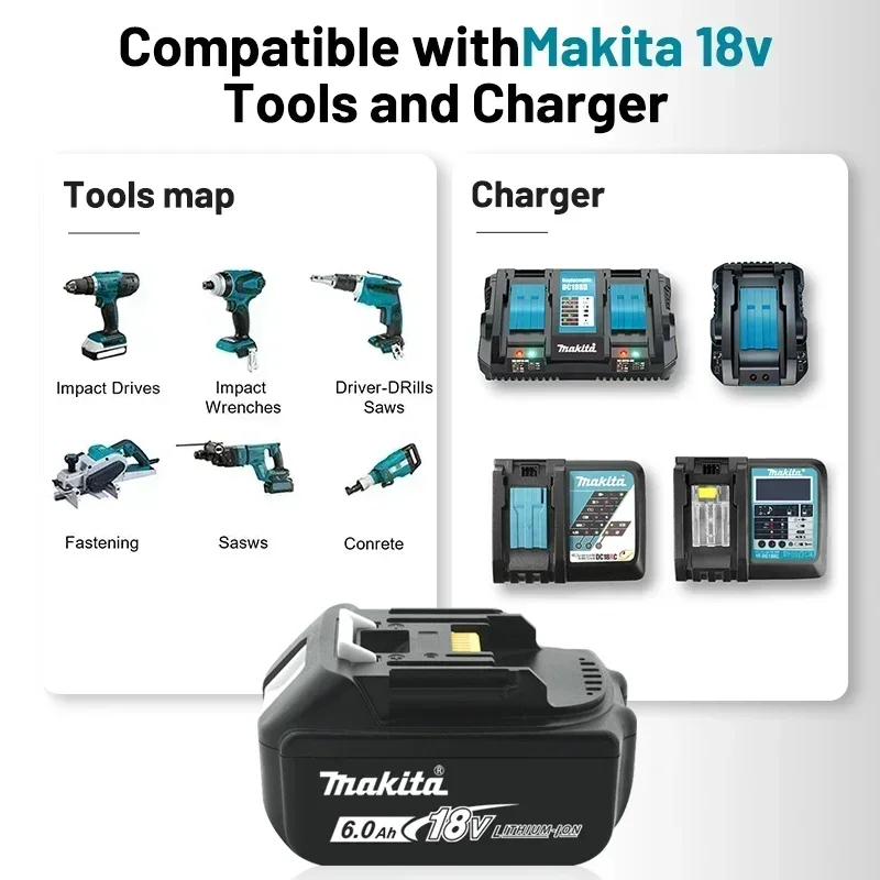 Makita 18V 6000mAh Lithium ion Rechargeable Battery 18v drill Replacement Batteries BL1860 BL1830 BL1850 With DC18RC 3A Charger - Image 4