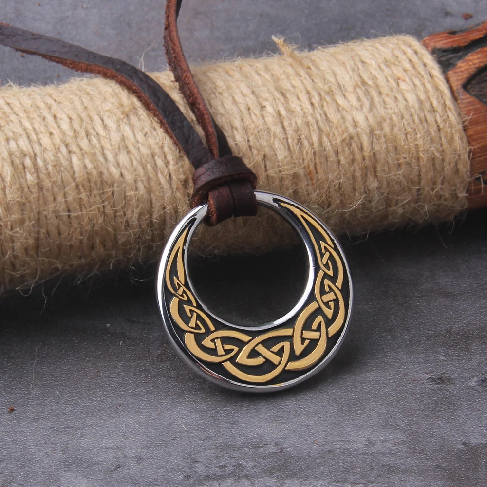 Never Fade Celtic Knot Round Pendant Necklace Adjustable Leather Cord Viking Wooden Box Gift - Image 2
