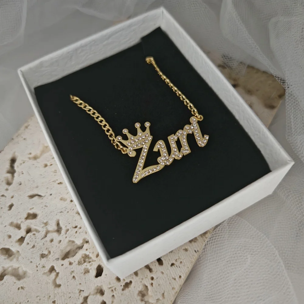 Personalized Rhinestone Crown Name Necklace Custom Nameplate Pendant for Girls - Image 5