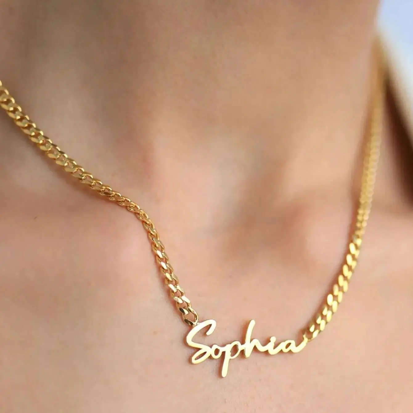 Personalised 18K Gold Custom Gothic Name Necklace with Curb Chain Birthday Gift - Image 4