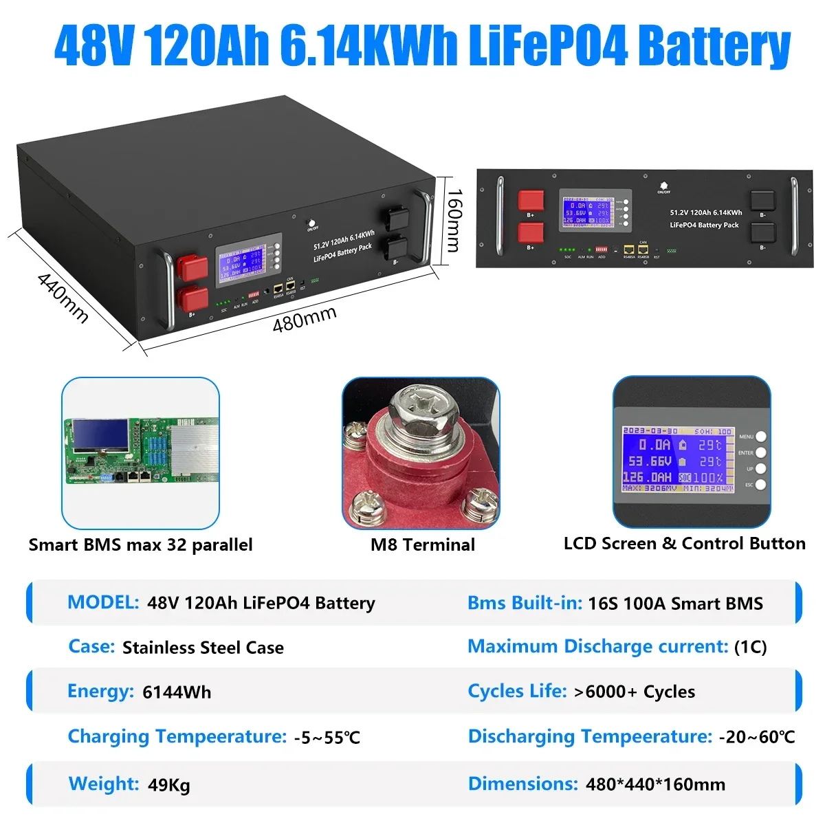 LiFePO4 48V 300AH 15KWH Battery 51.2V 100AH 200AH Lithium Solar Battery 6000+ Cycles With 16S 200A BMS For Inverter EU Stock - Image 12