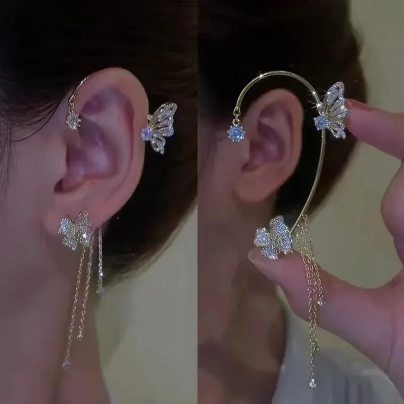 Fashion Crystal Butterfly Pearl Bead Tassel Clip Earrings Women Wedding Jewelry Gift