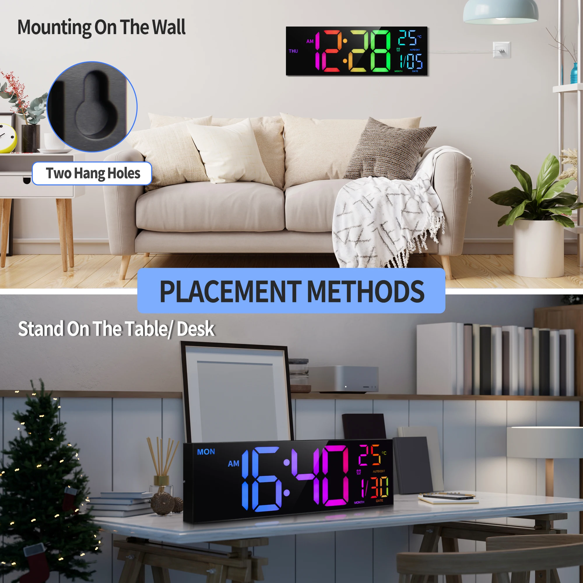 16" Large Digital Wall Clock, Big LED Display with Remote, 8 RGB Color, Alarm, DST, Temperature for Living Room, Kitchen - Image 6