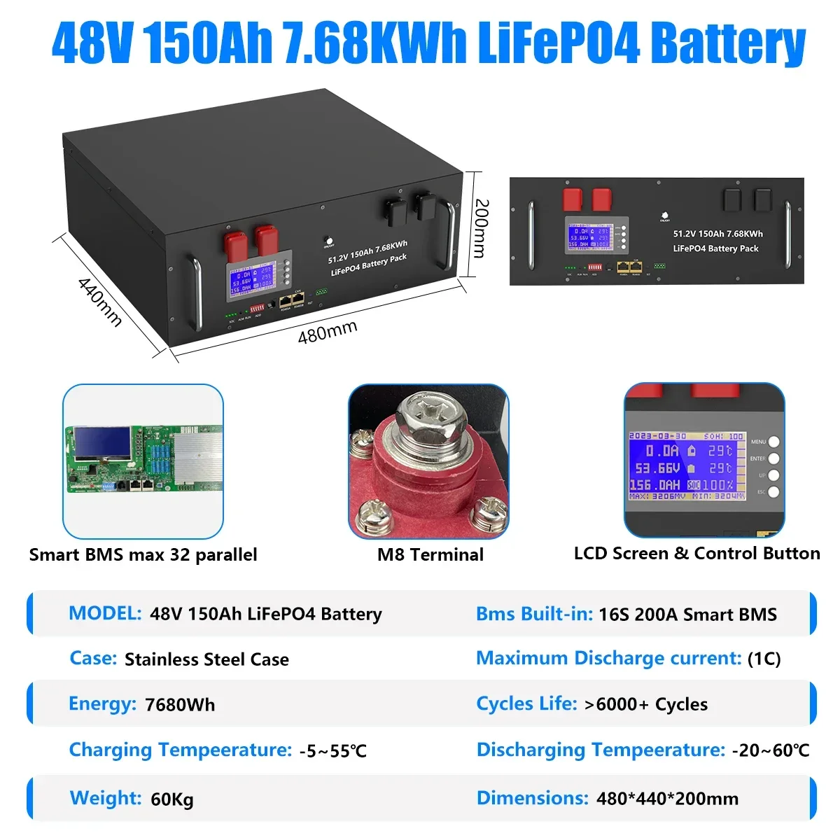 LiFePO4 48V 300AH 15KWH Battery 51.2V 100AH 200AH Lithium Solar Battery 6000+ Cycles With 16S 200A BMS For Inverter EU Stock - Image 9