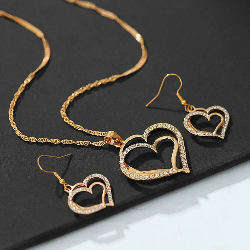 3pcs Heart-Shaped Jewelry Set Earrings Pendant Necklace Women Rhinestone Fashion Jewelry - Image 2