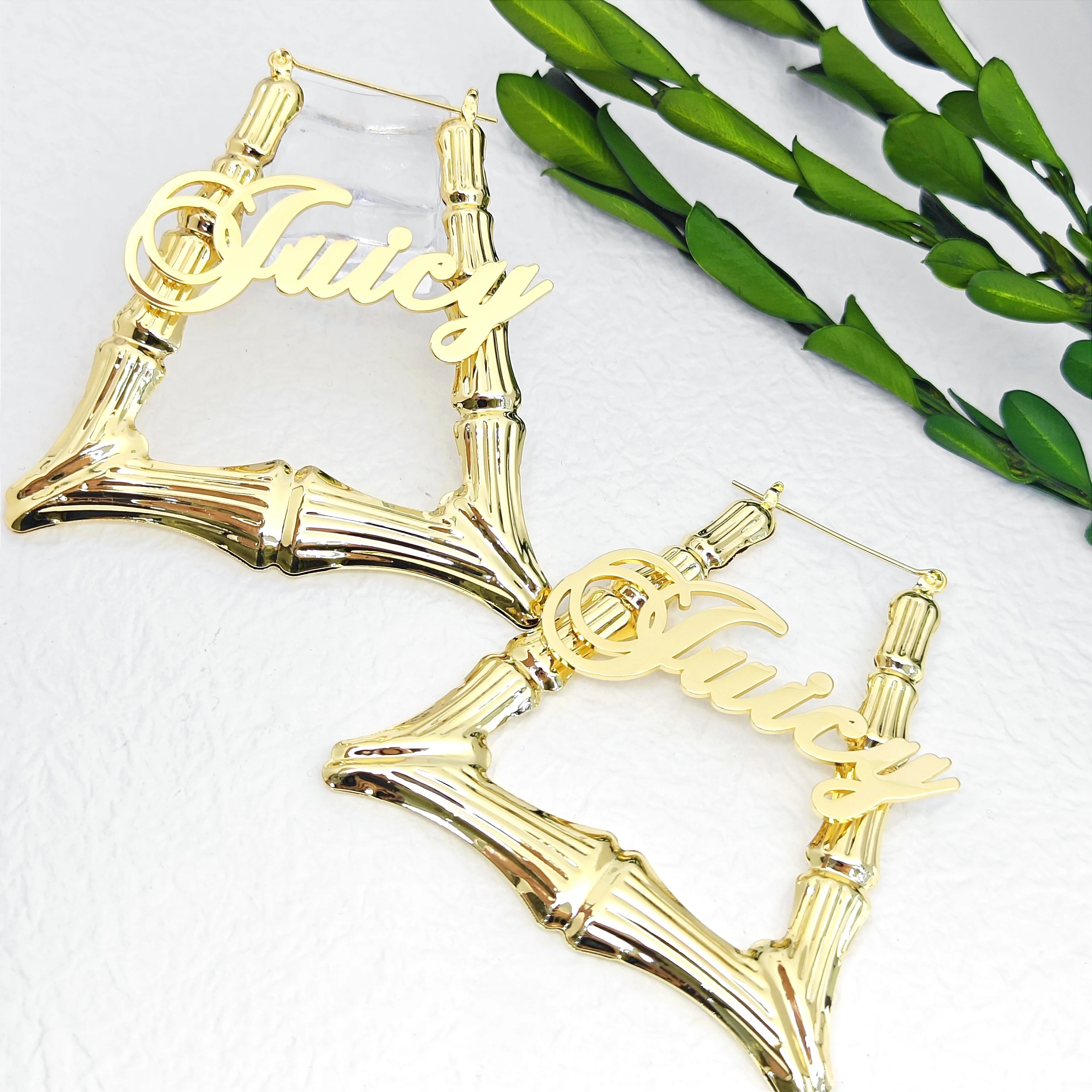 Lateefah DIY Custom Letter Stainless Steel Ladder Trapezoidal Bamboo Hoop Earrings - Image 5