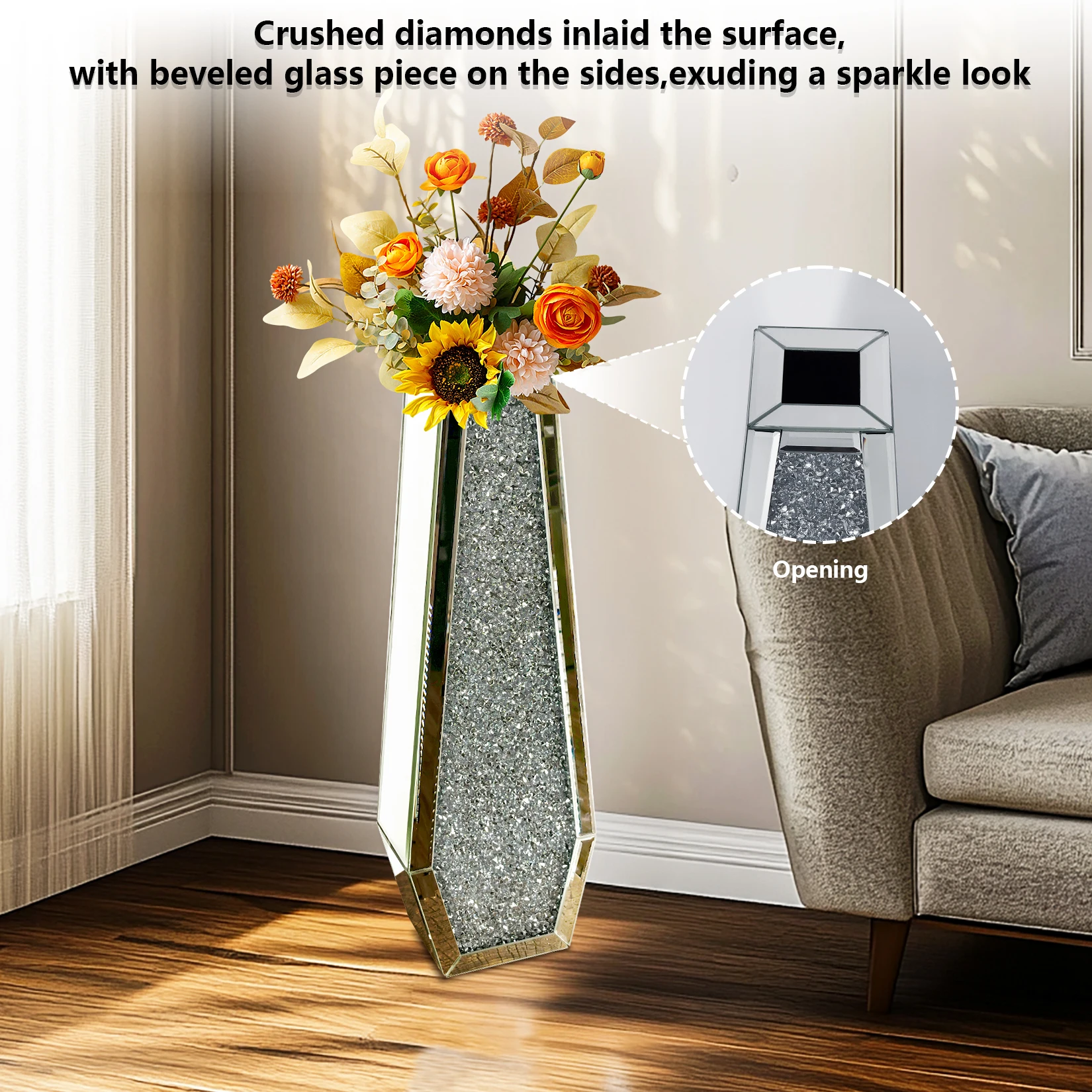 2 Shapes 68CM Crushed Diamond Decorative Mirrored Floor Vase Crystal Silver Glass Flower Vase for Pampas Grass Artificial Flower - Image 6