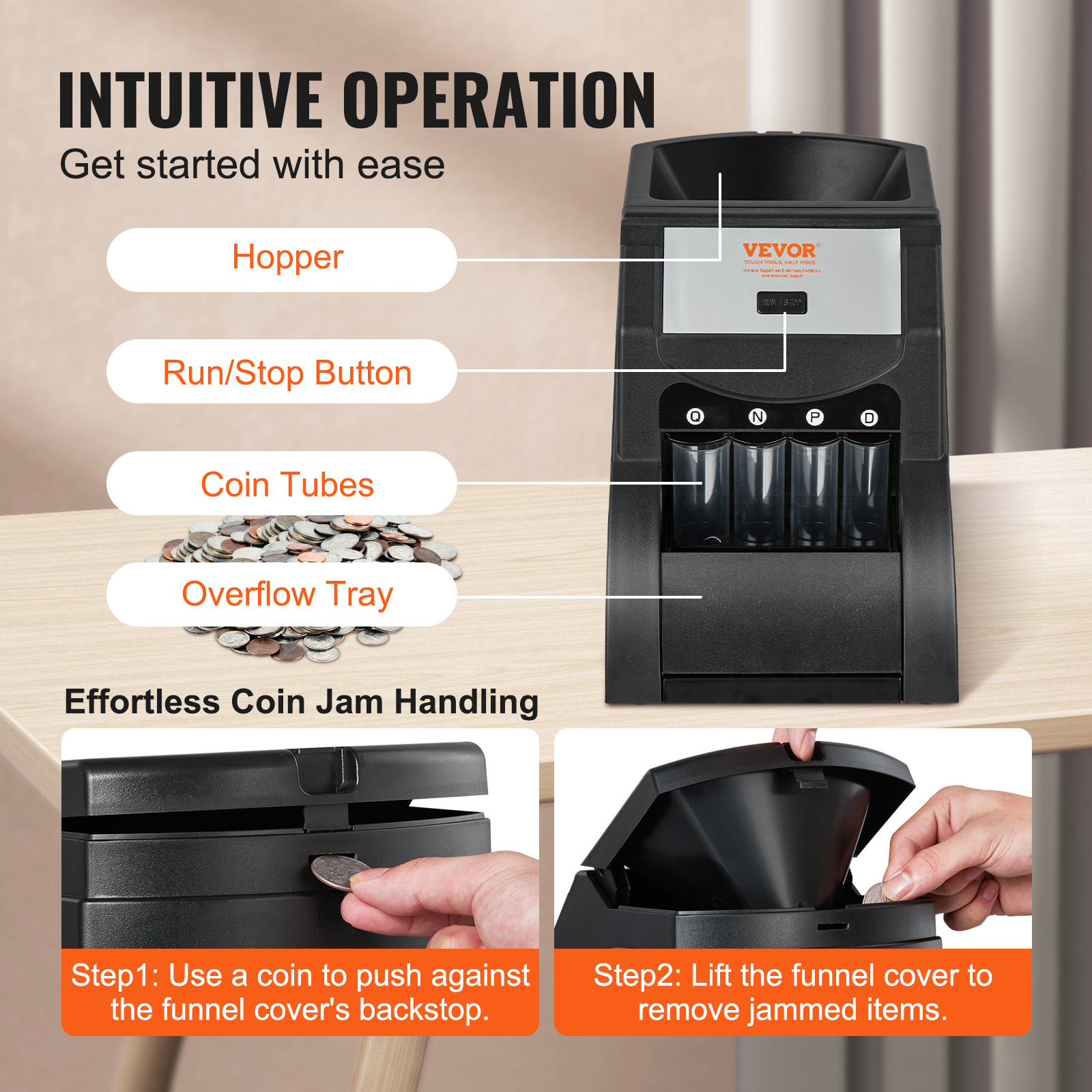 VEVOR USD Coin Sorter Machine with Wrapper, Sorts 230 Coins/Min, Holds 200 Coins, Black - Image 7